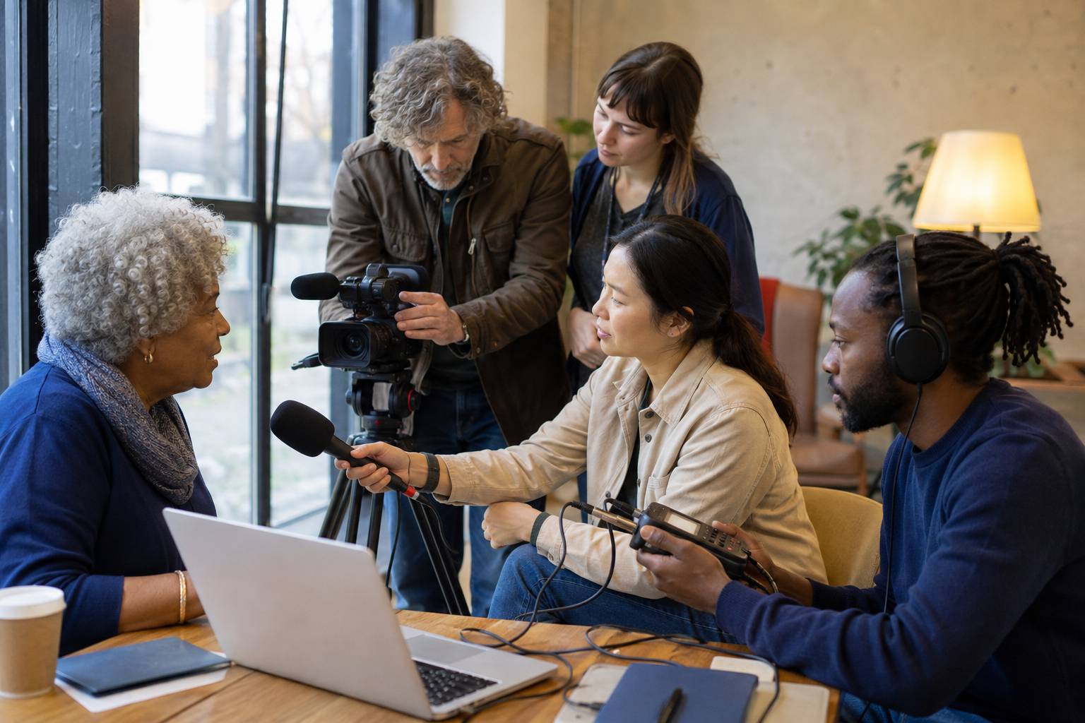 Independent media professionals learn audio, video, and interviewing skills together in a community workshop.