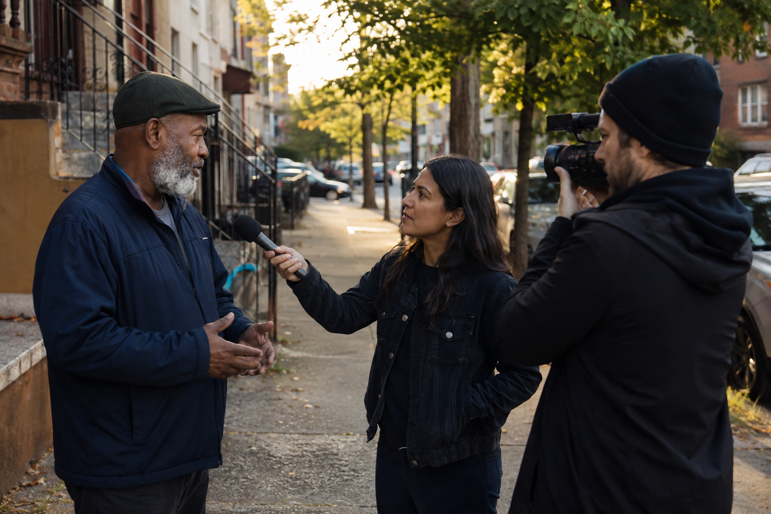 An independent reporter interviews a community member while a camera operator records their conversation.